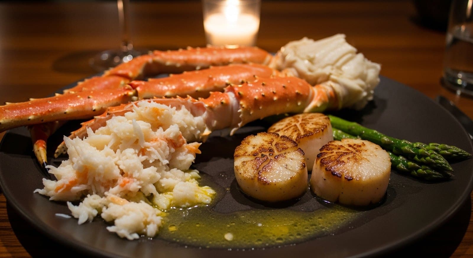 Kamchatka king crab and seared scallops, plated by candlelight